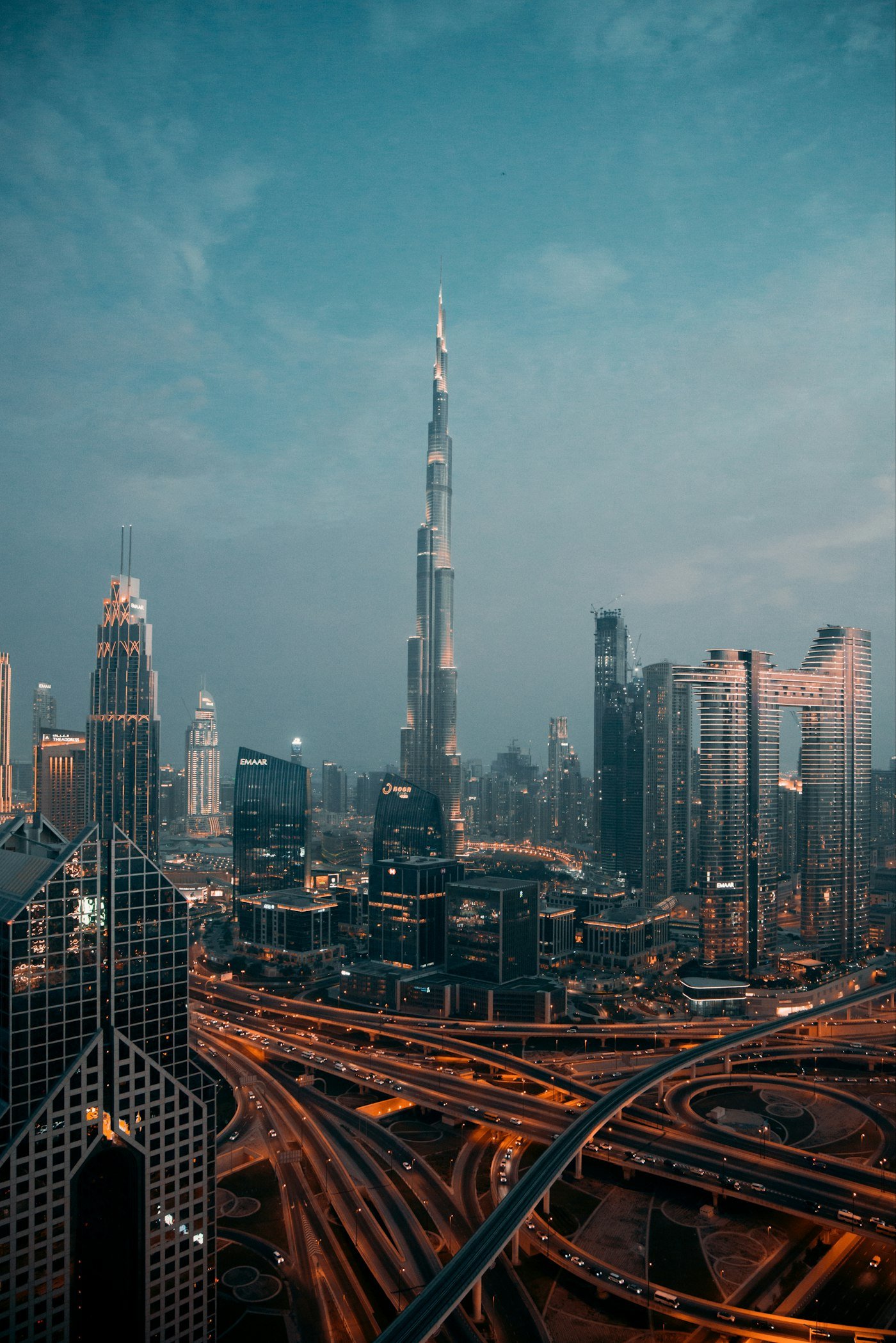 Illuminated Dubai skyline at night